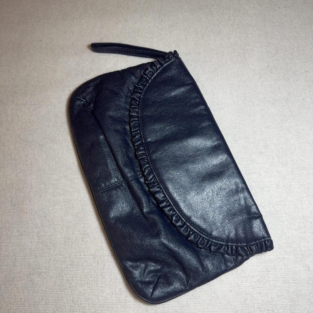Vintage 80s Navy Faux Leather Ruffle Clutch